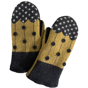 Fleece lined wool mittens in a variety of designs and colors.